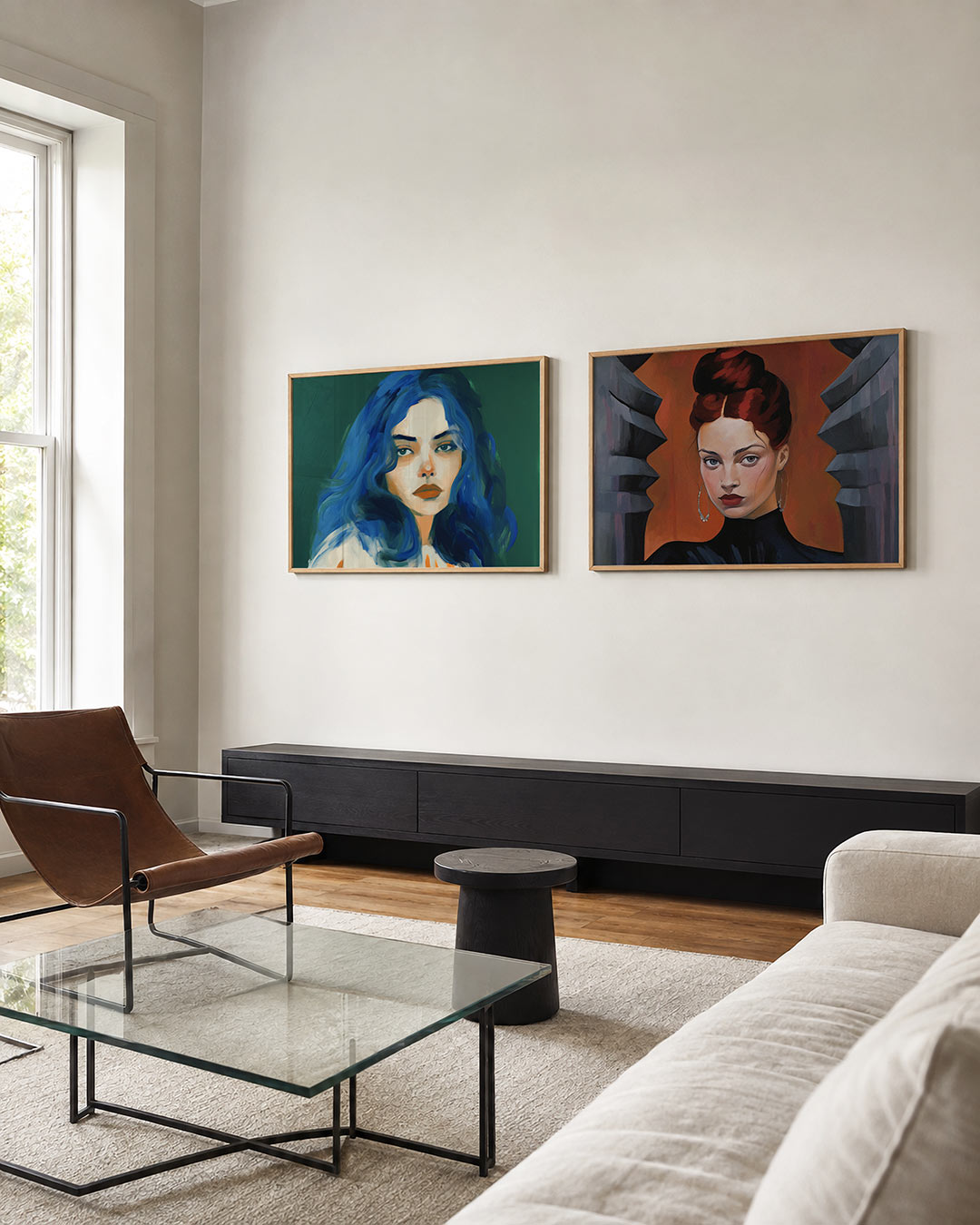 Twee liggende posters met een portret met levendige blauwe en groene tinten, aan de muur in een interieur
