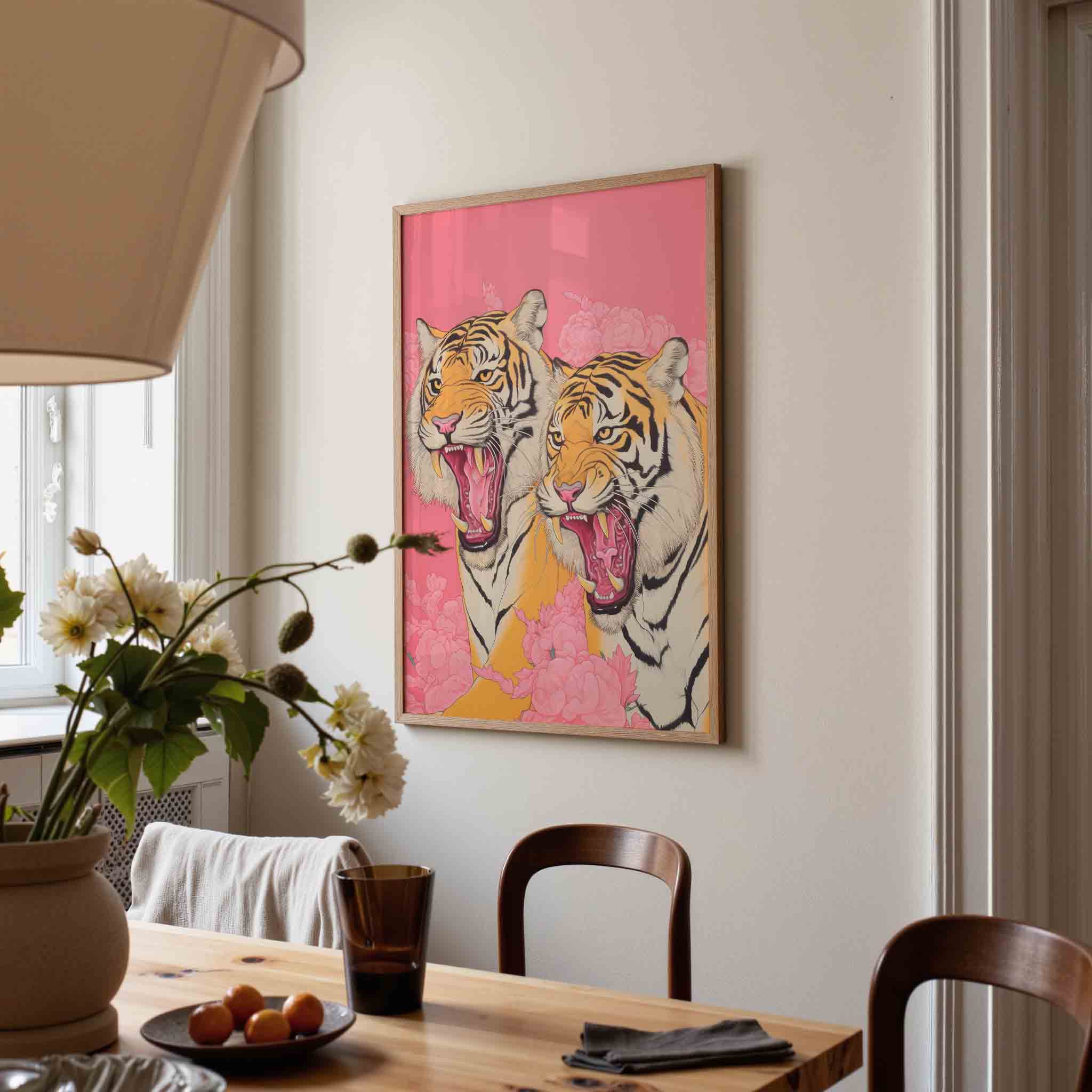 Twee tijgers met bloemen Poster