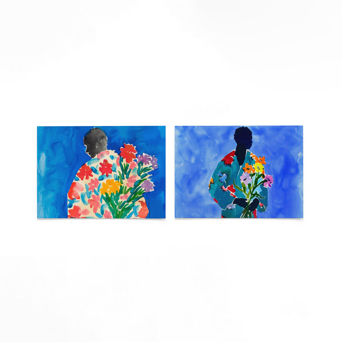 Twee liggende posters met een silhouet gevuld met levendige bloemen op een gebroken witte achtergrond