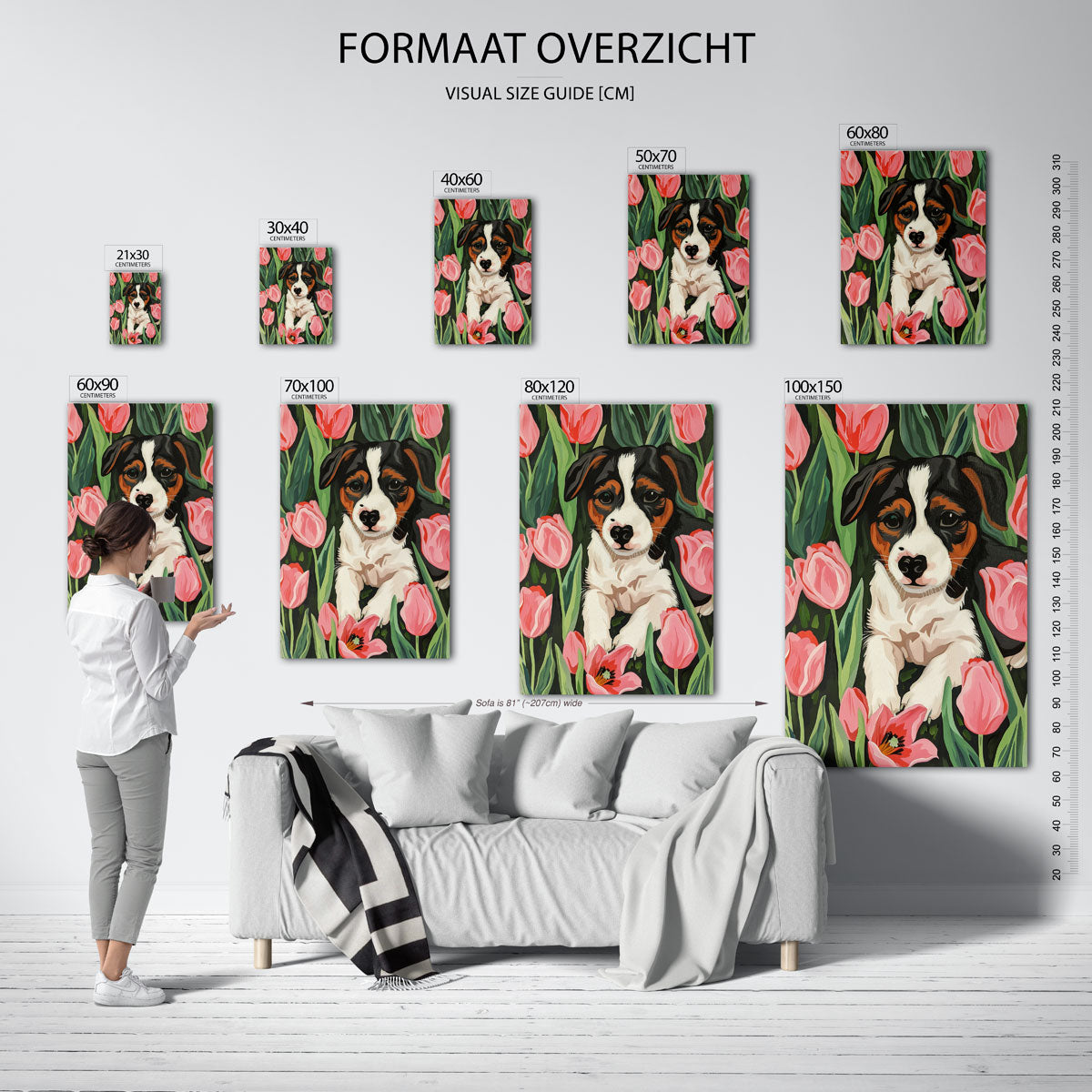 Hond tussen tulpen Poster