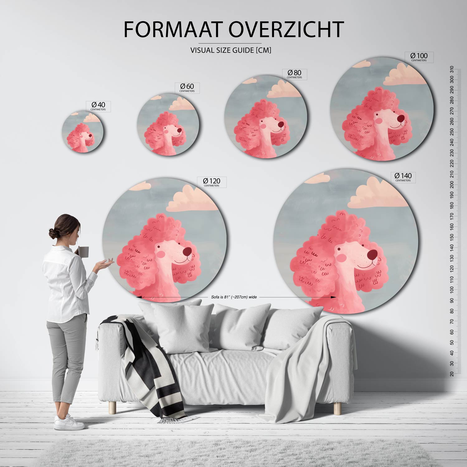 Roze poedel met wolken Muurcirkel