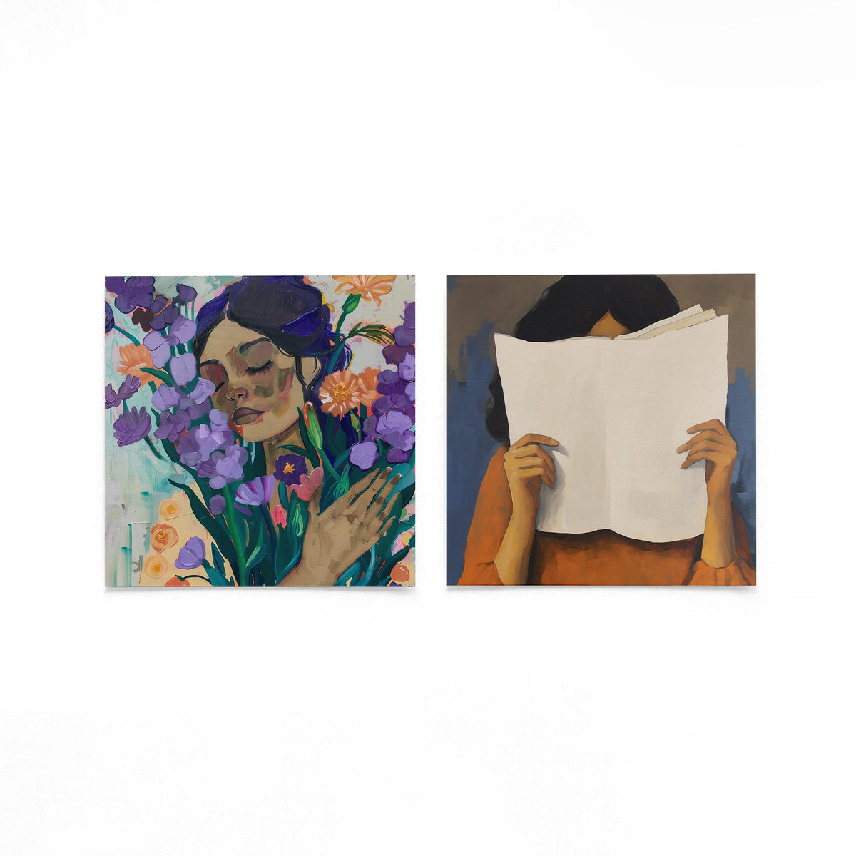 Twee vierkante posters met bloemenportret en lezende vrouw op een gebroken witte achtergrond
