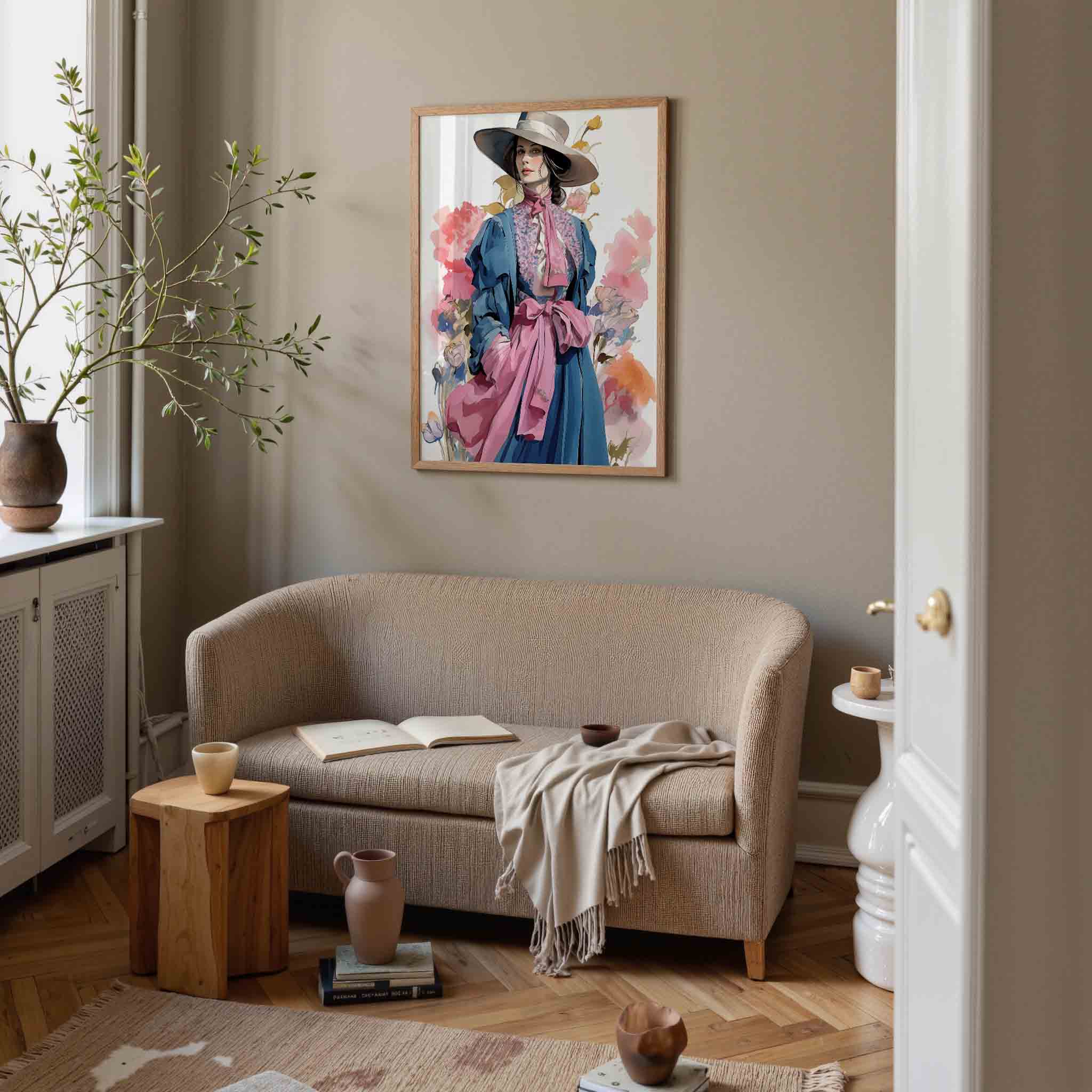 Vrouw met hoed en bloemen Poster