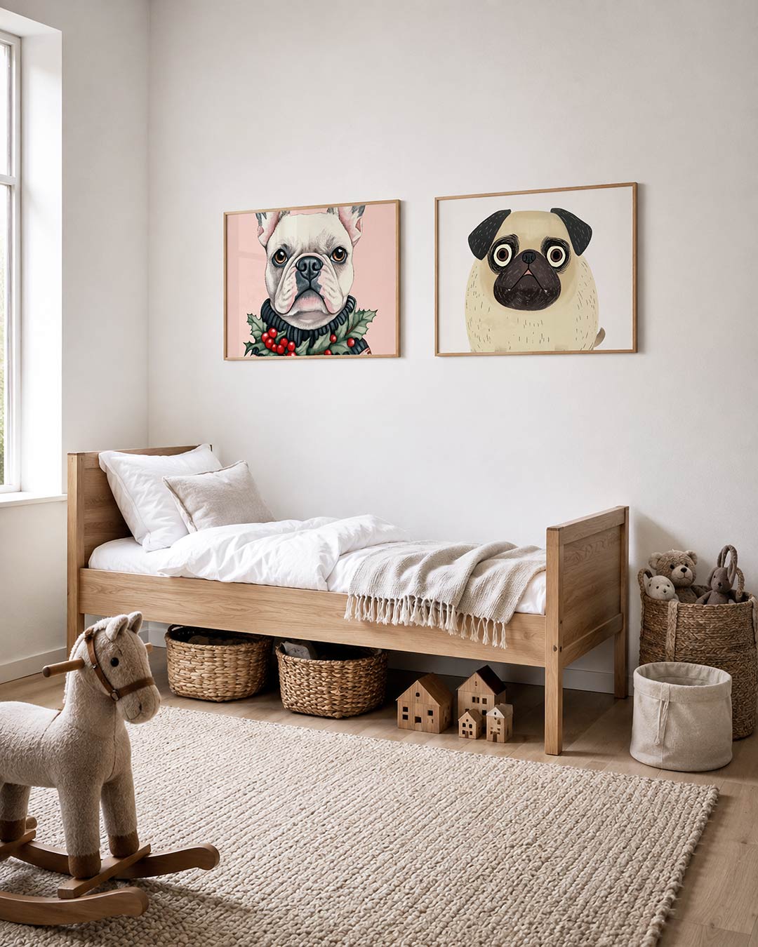 Tweedelige posterset met een gedetailleerde tekening van een hond met een sjaal versierd met hulst, getoond in een interieur