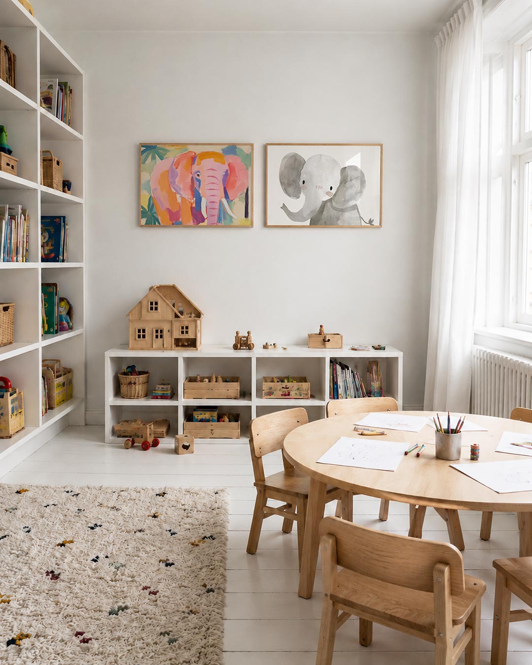 Interieurpresentatie van twee posters met een speelse olifant in roze, oranje en paars met levendige penseelstreken