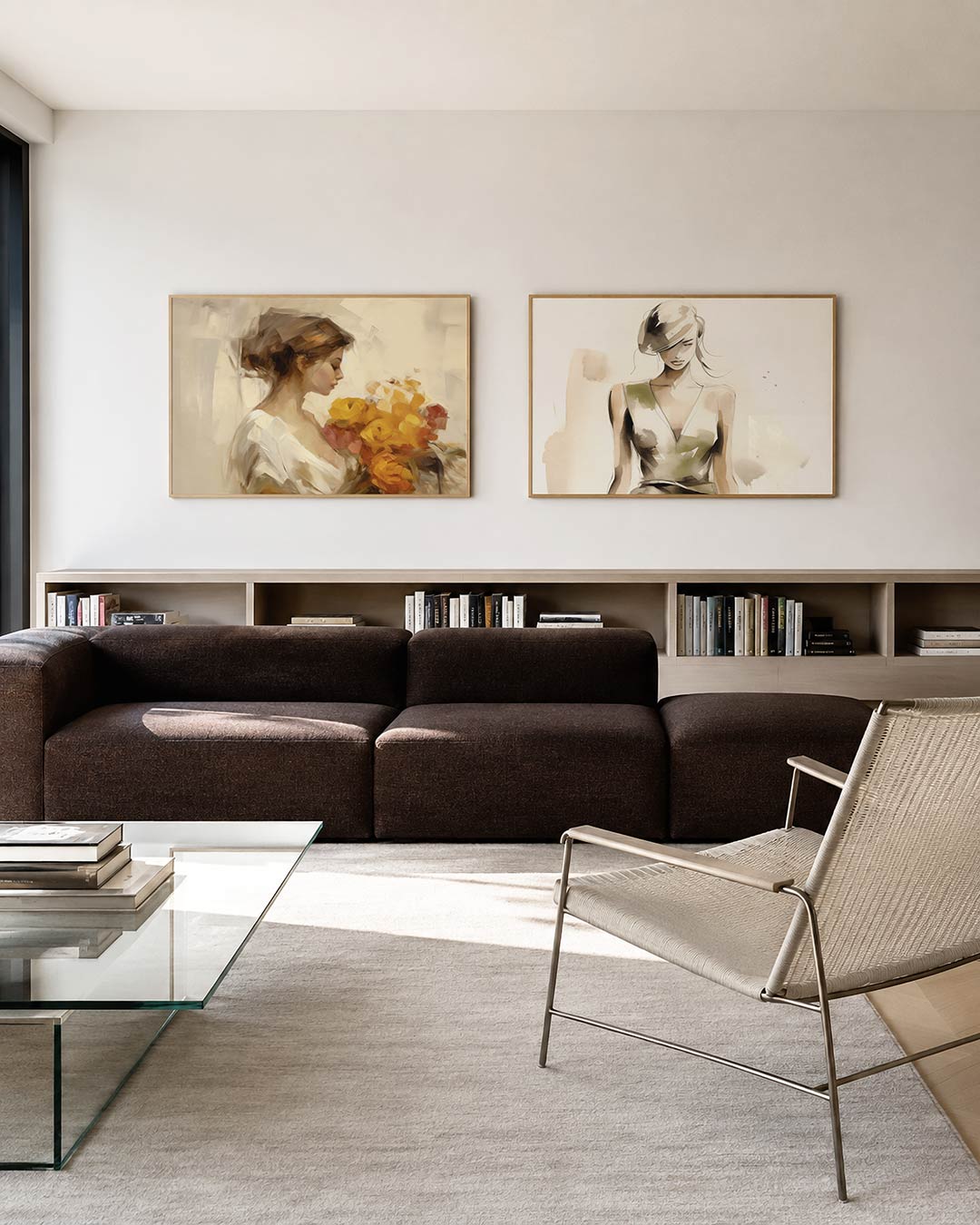 Interieurpresentatie van twee posters met een vrouw in profiel met een boeket van gele en oranje bloemen