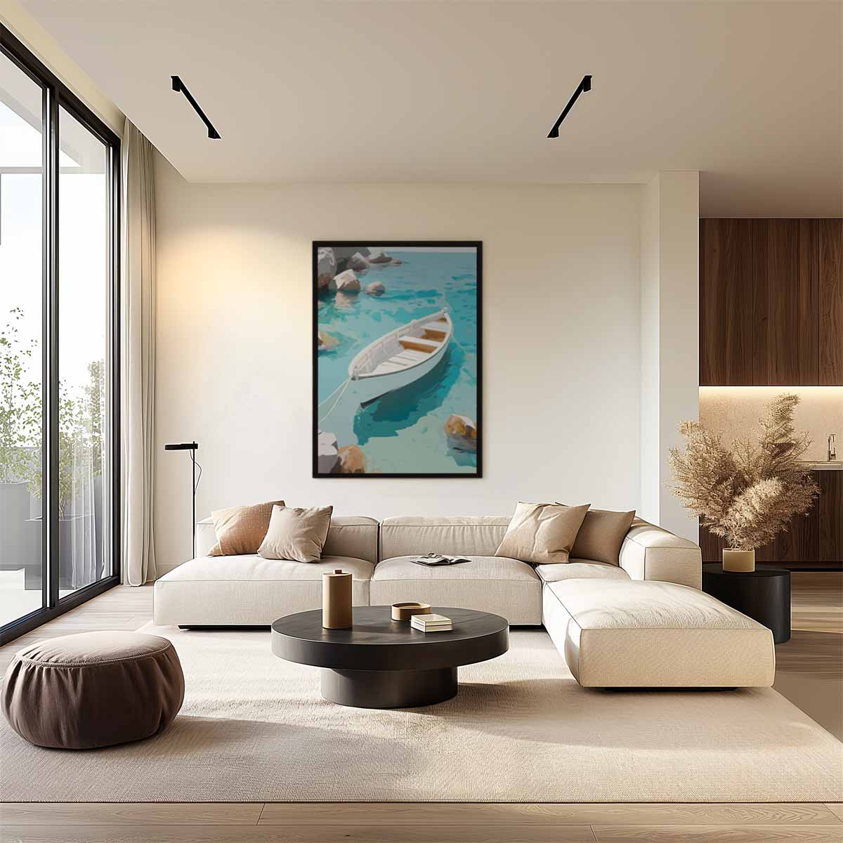 Rustgevend Bootje op Helder Blauw Water Kunstwerk-canvas-dibond-plexiglas-wanddecoratie-WallArtistic