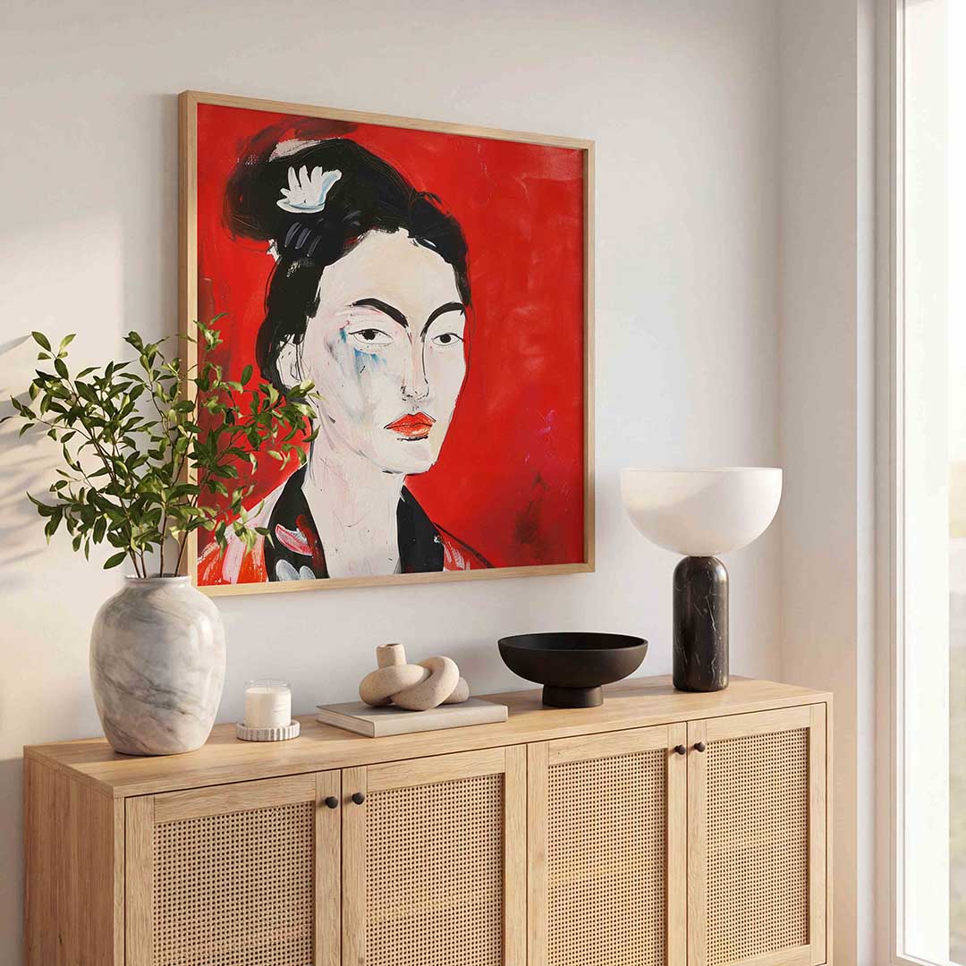 Portret met rode achtergrond Poster