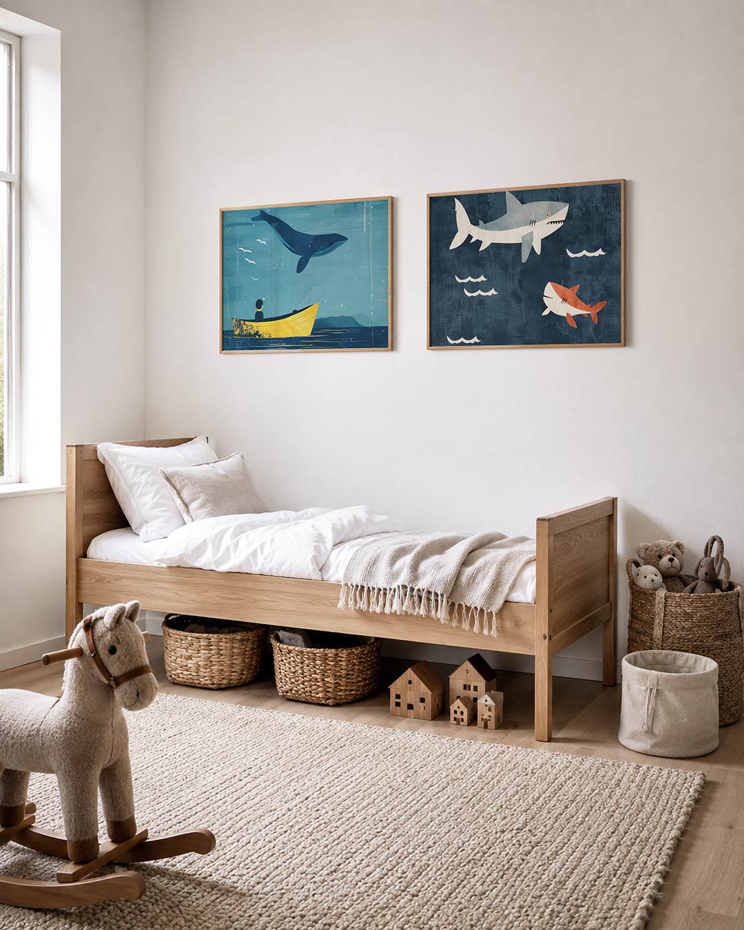 Interieurpresentatie van twee posters met een blauwe walvis boven een gele boot op een rustige zee