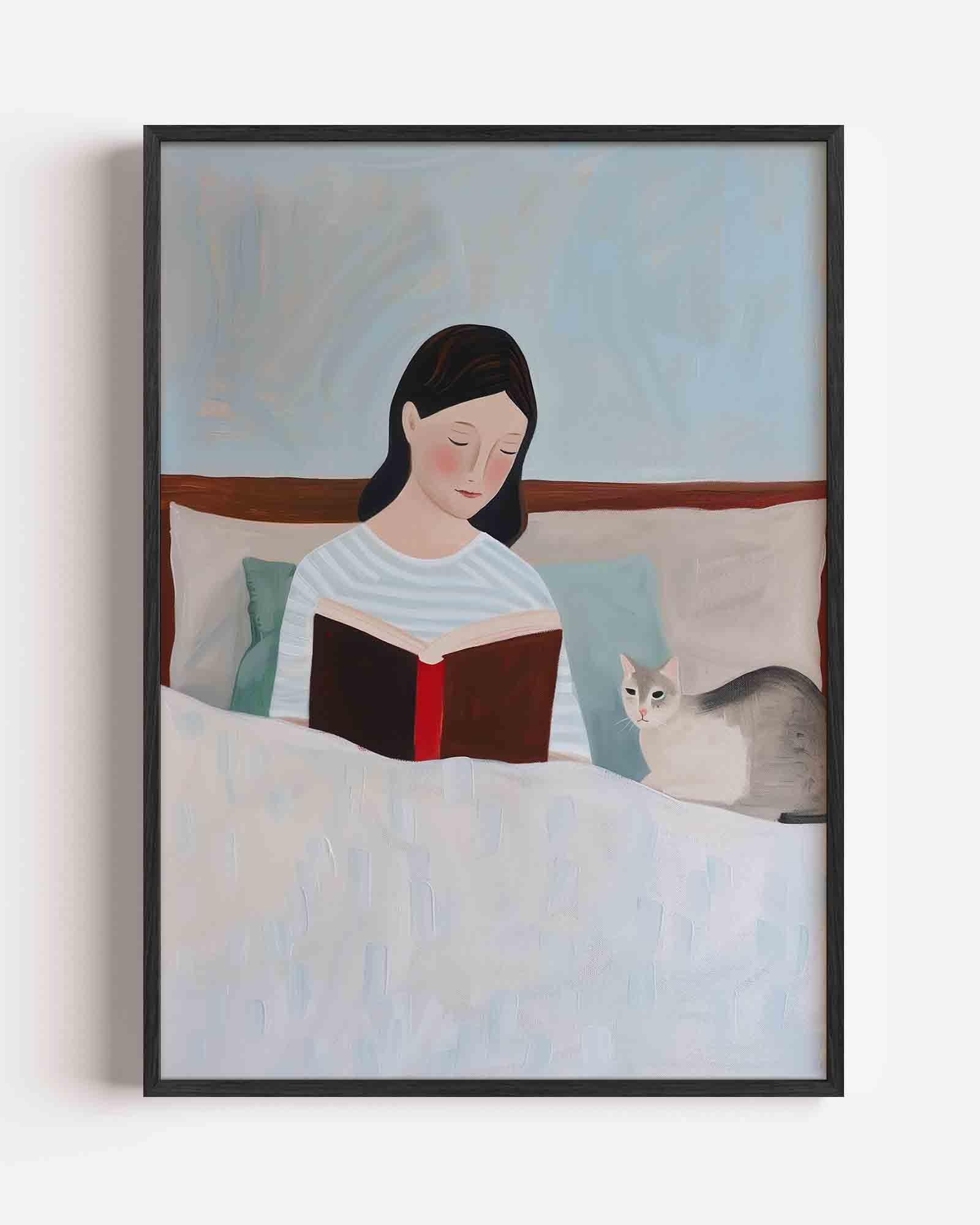 Lezende vrouw met kat Poster