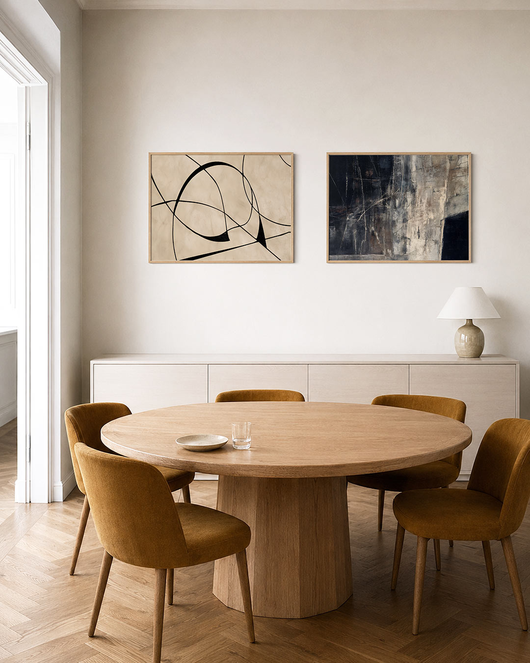 Interieurpresentatie van twee posters met een vloeiend lijnenspel op een zachte, beige achtergrond