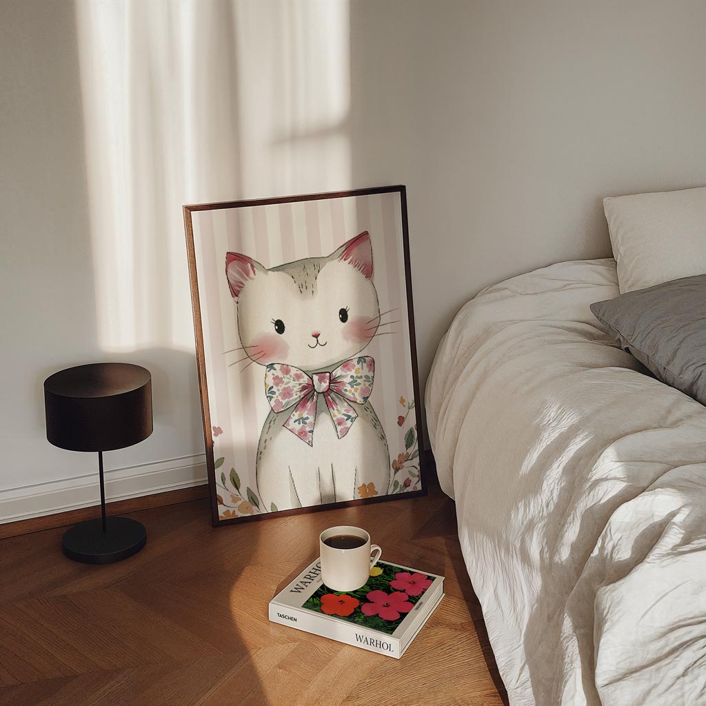 Schattige Kattenposter met Bloemenstrik Poster-WallArtistic