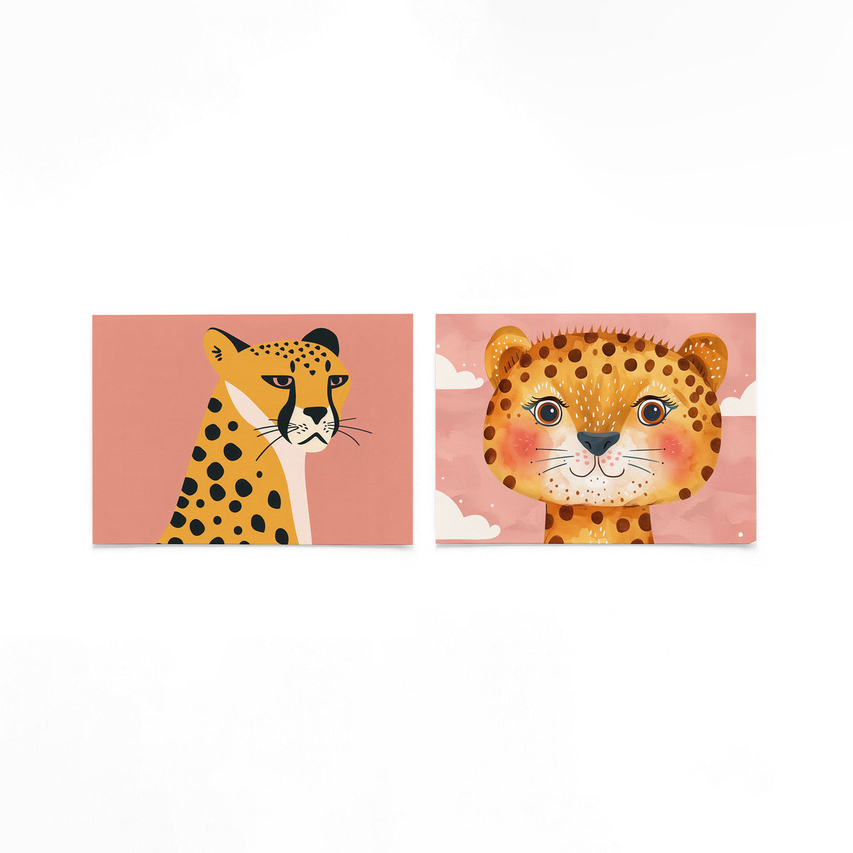 Twee liggende posters met een gestileerde cheetah op een gebroken witte achtergrond