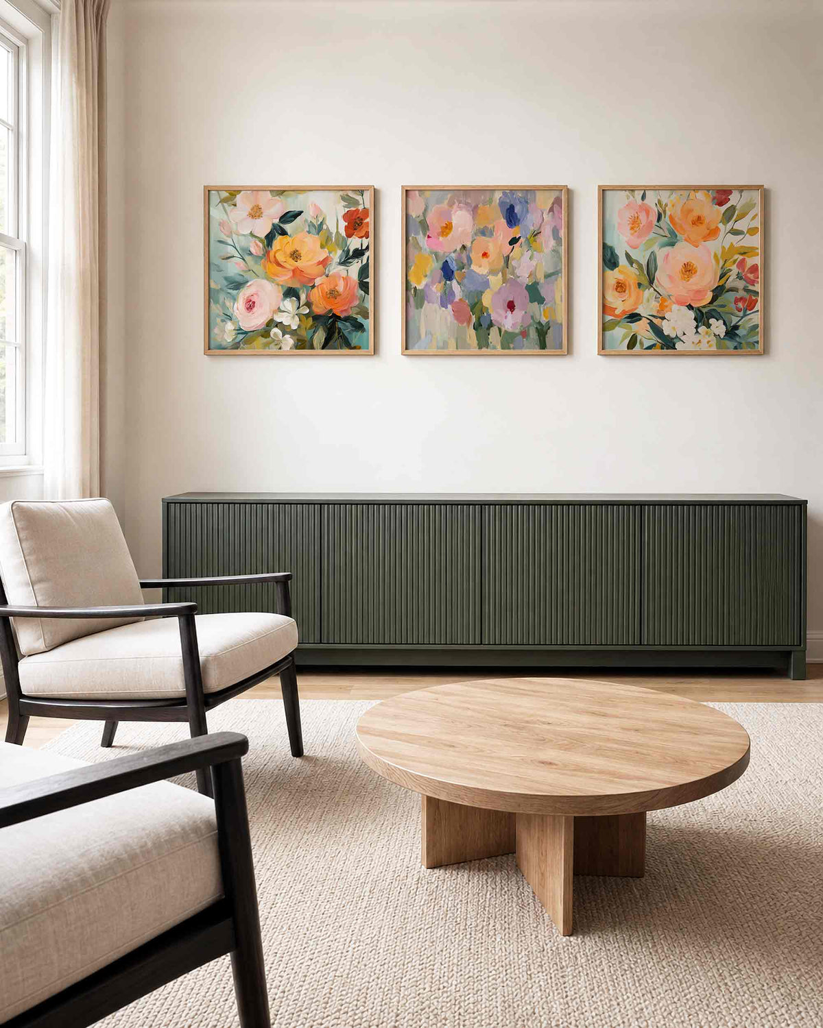 Interieurpresentatie van een driedelige vierkante posterset met kleurrijke bloemen