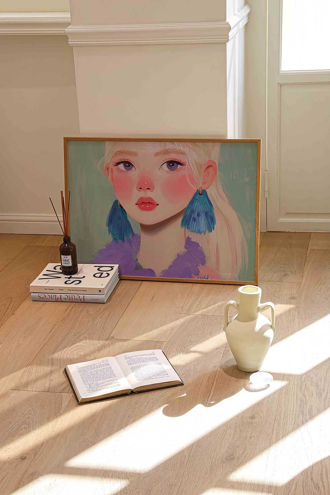 Portret met blauwe oorbellen Poster