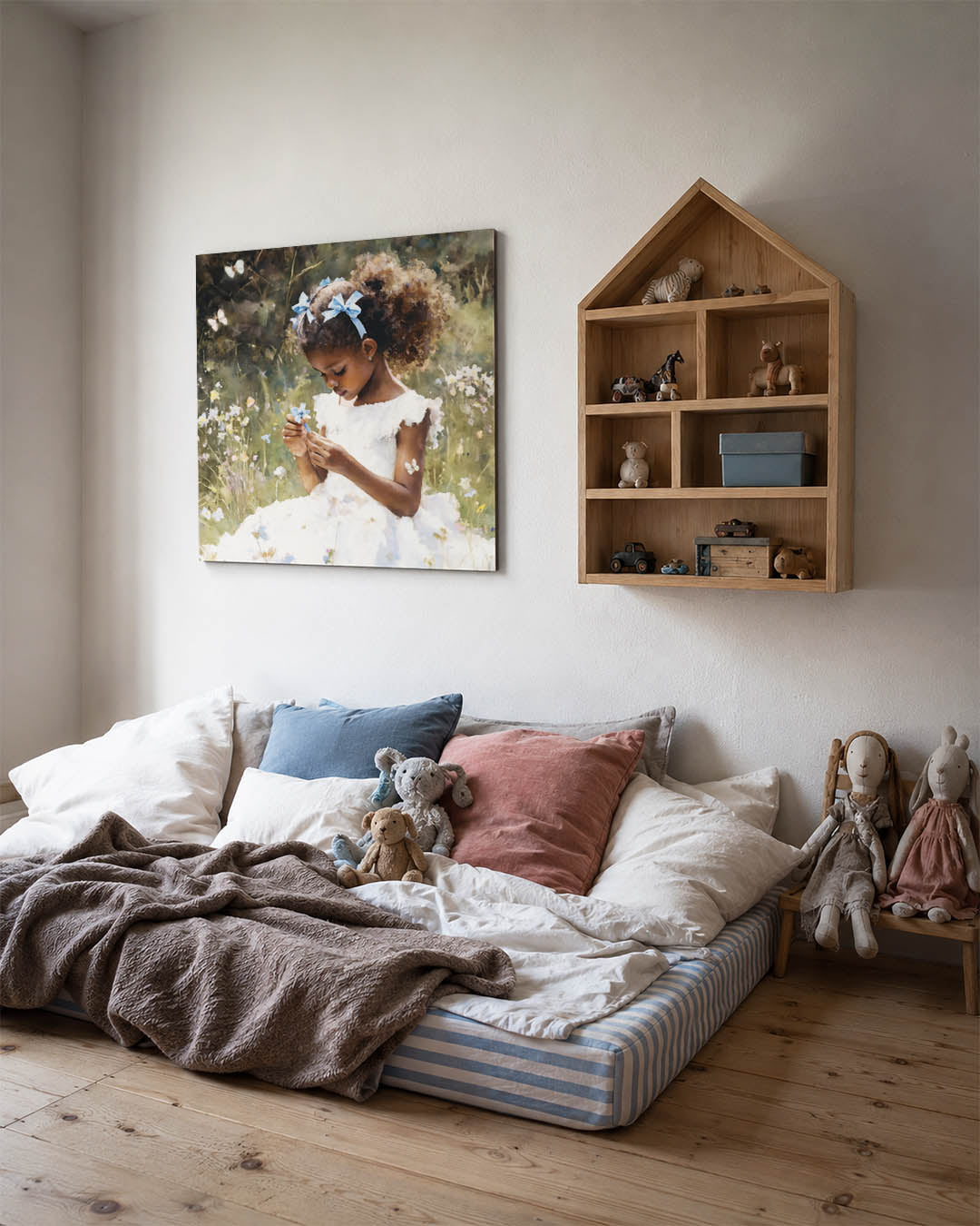 Dromerig meisje in bloemenveld Kunstwerk