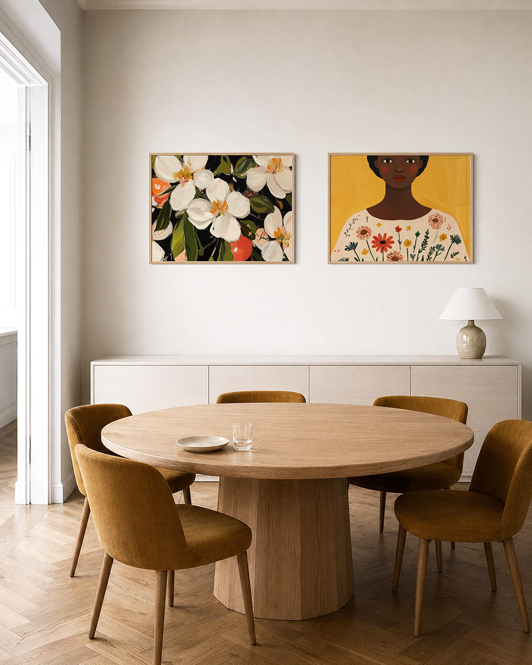 Tweedelige posterset met een levendige compositie van grote witte bloemen met oranje accenten, getoond in een interieur