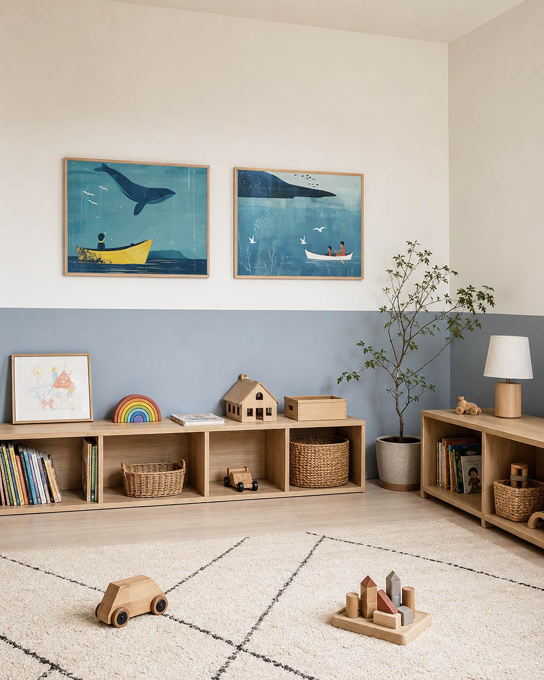Tweedelige posterset met een blauwe walvis boven een gele boot op een rustige zee, getoond in een interieur