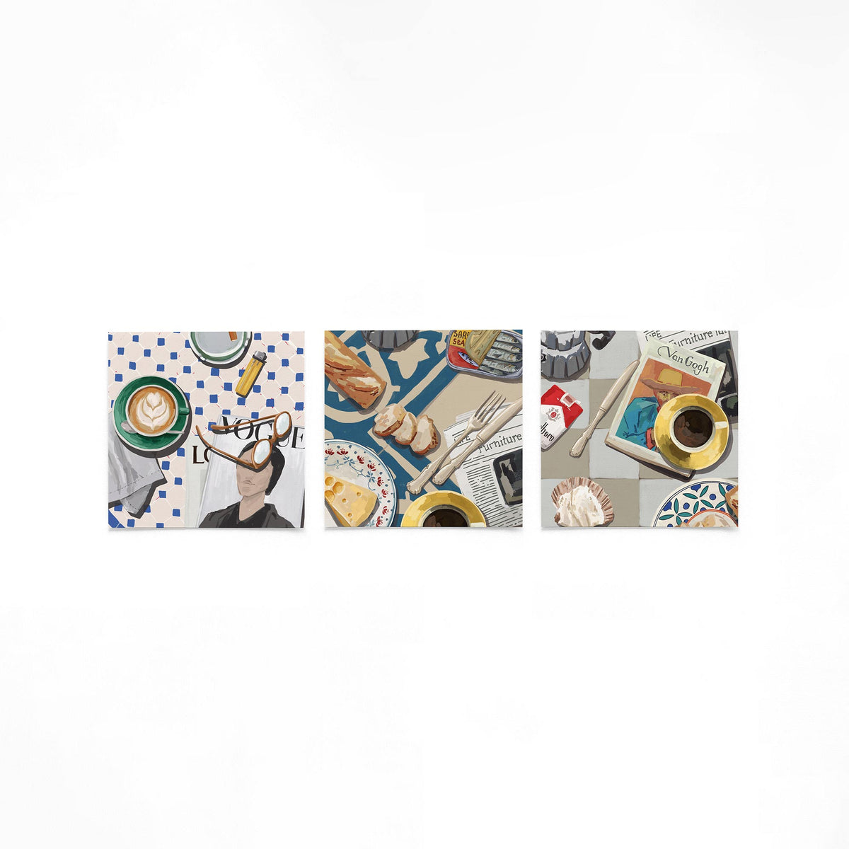 Drie vierkante posters met koffie en ontbijt op een gebroken witte achtergrond