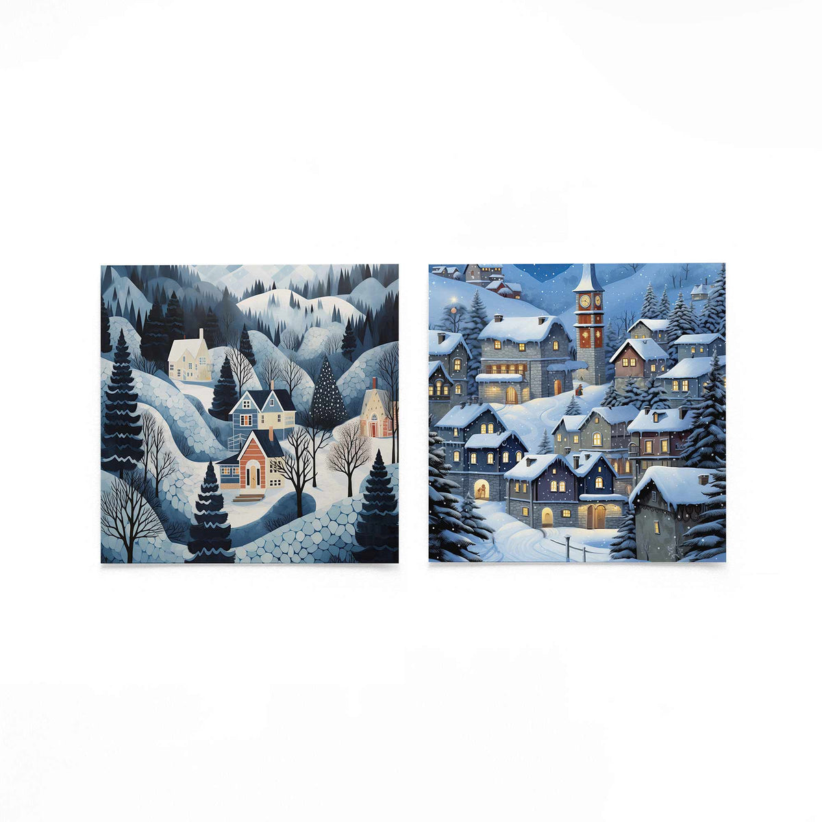 Twee vierkante posters met besneeuwde dorpen op een gebroken witte achtergrond