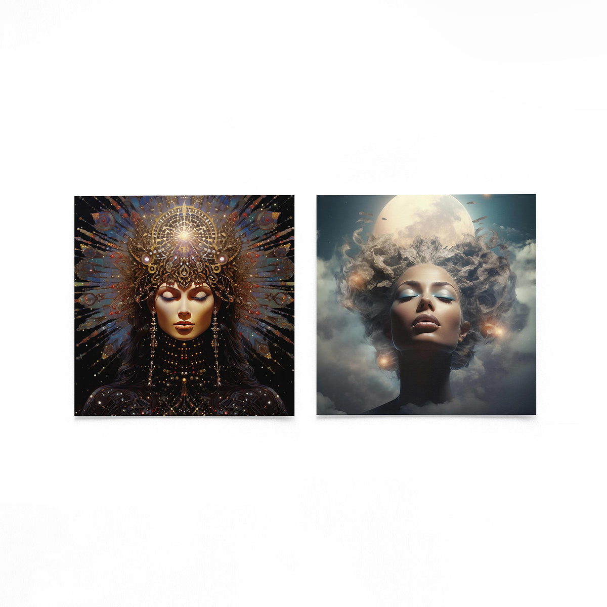 Twee vierkante posters met kosmische vrouwen op een gebroken witte achtergrond