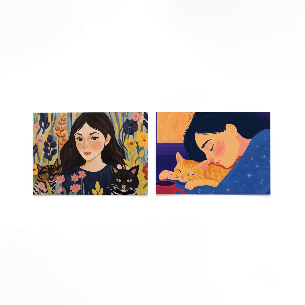 Twee liggende posters met een vrouw omringd door kleurrijke bloemen en twee katten op een gebroken witte achtergrond
