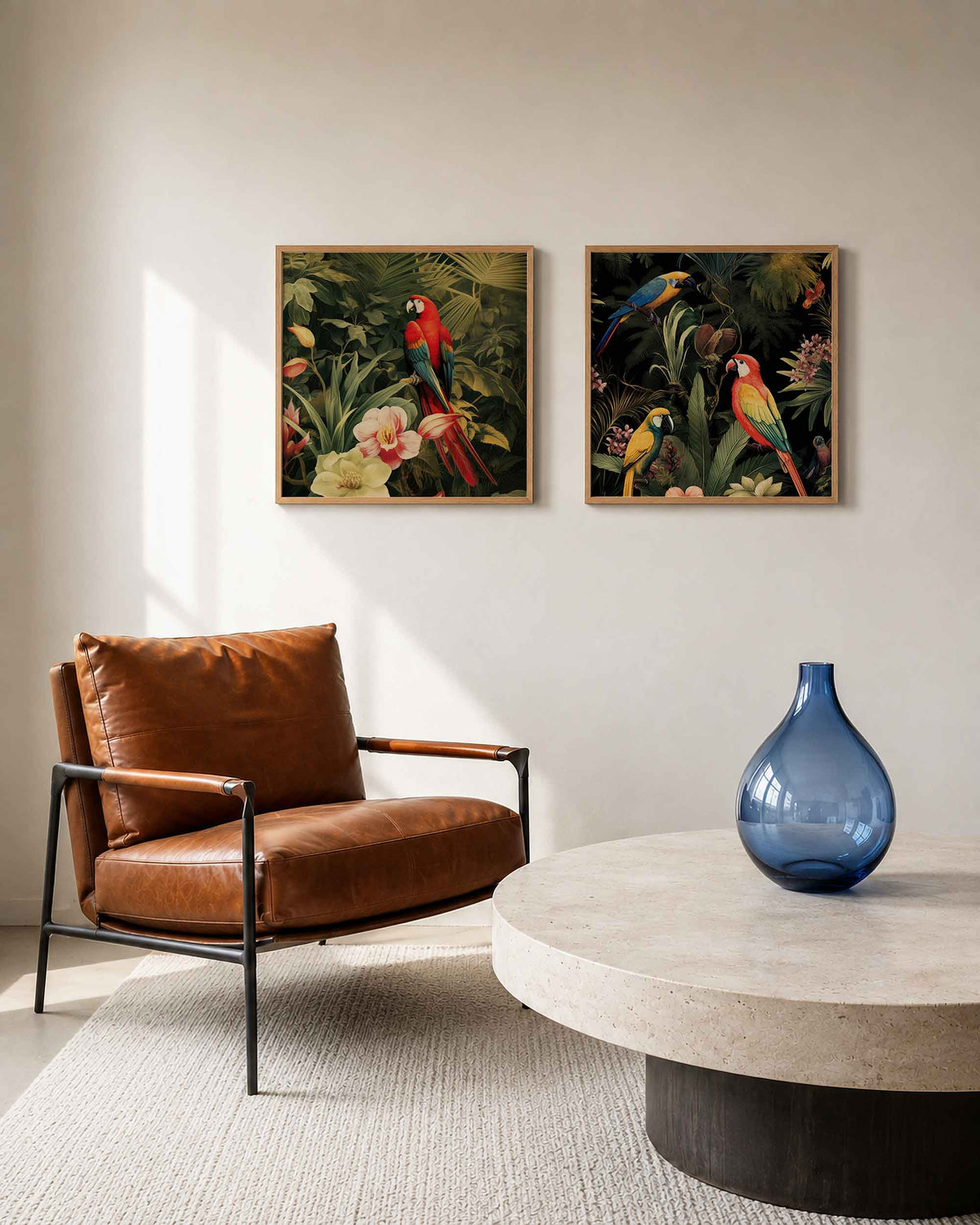Interieurpresentatie van een tweedelige vierkante posterset met tropische papegaaien