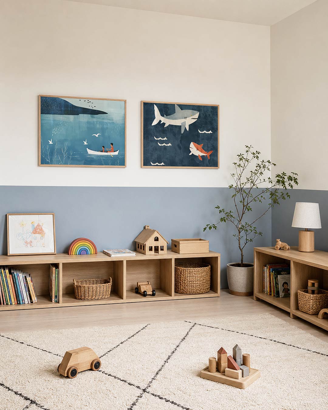 Twee liggende posters met een serene scène met een kano op een blauw wateroppervlak, aan de muur in een interieur