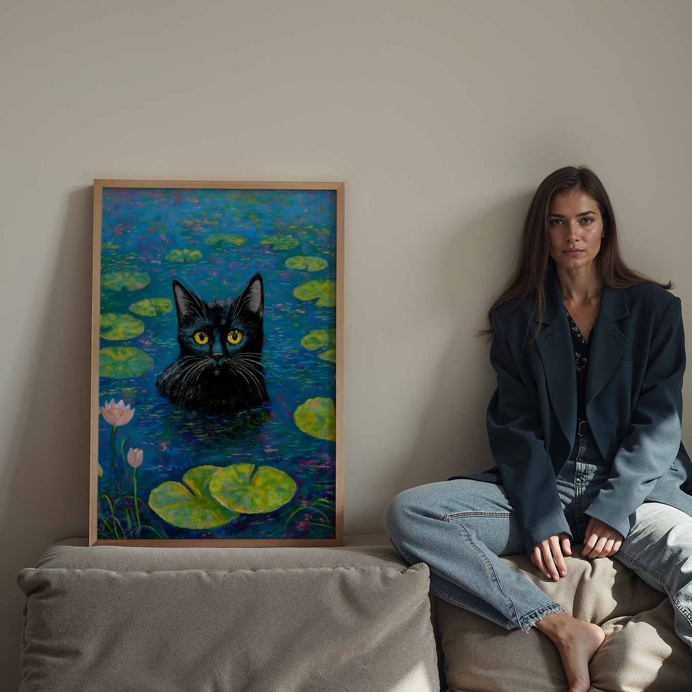 Mystieke Zwarte Kat op Waterlelies Poster-WallArtistic