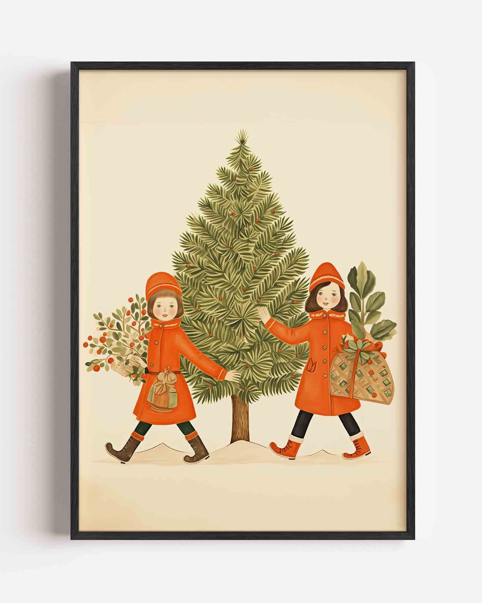 Kinderen met kerstboom Poster