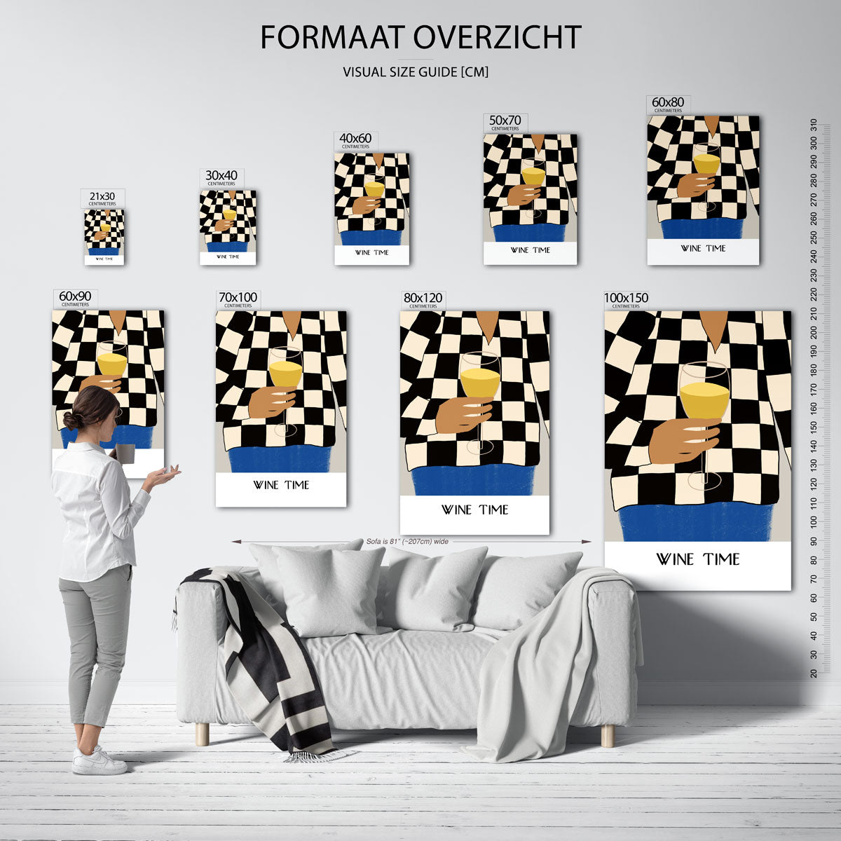 Wijn glas en geruit patroon Poster