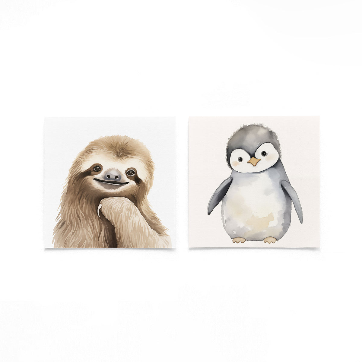Twee vierkante posters met luiaard en pinguïn op een gebroken witte achtergrond