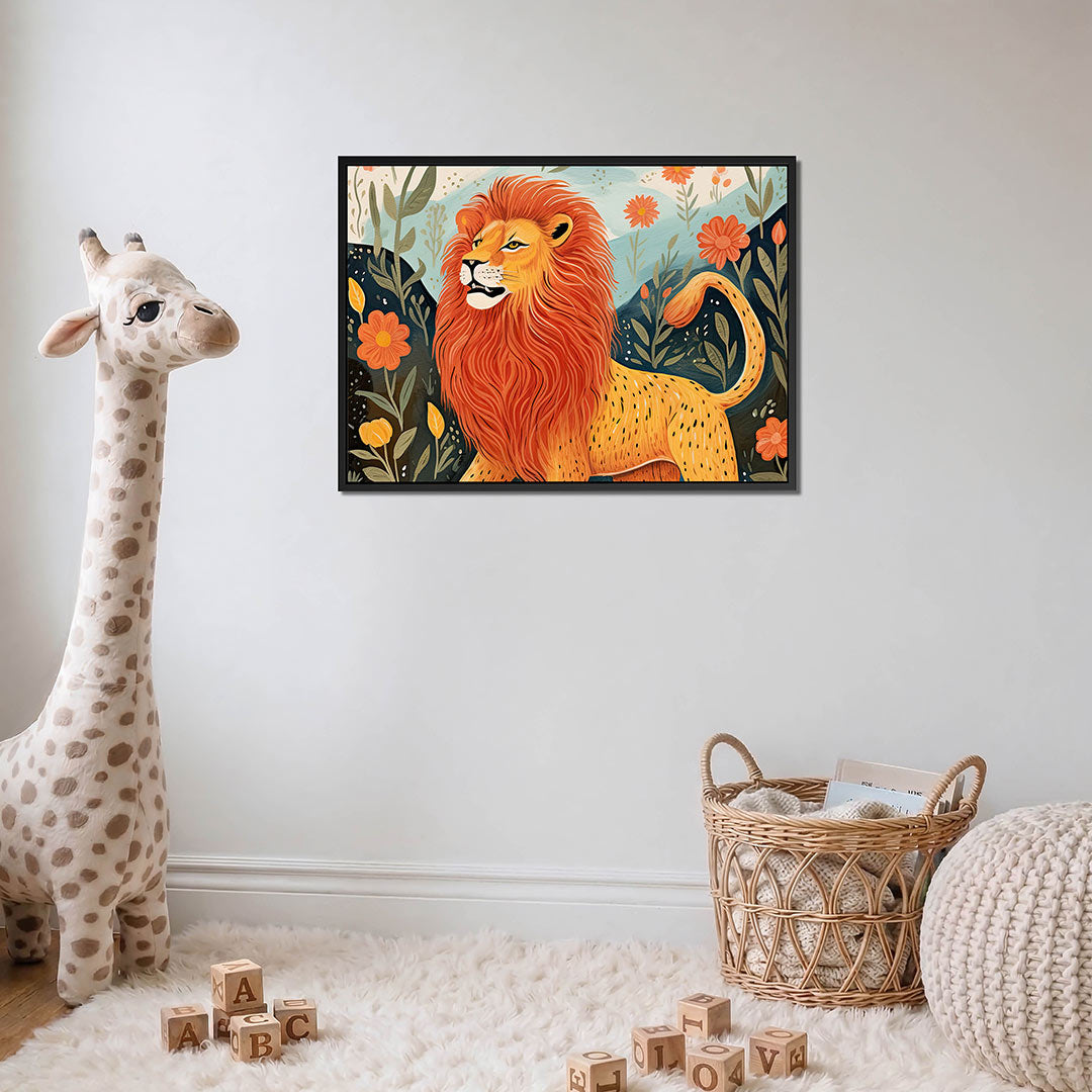 Leeuw in bloemenveld Kunstwerk