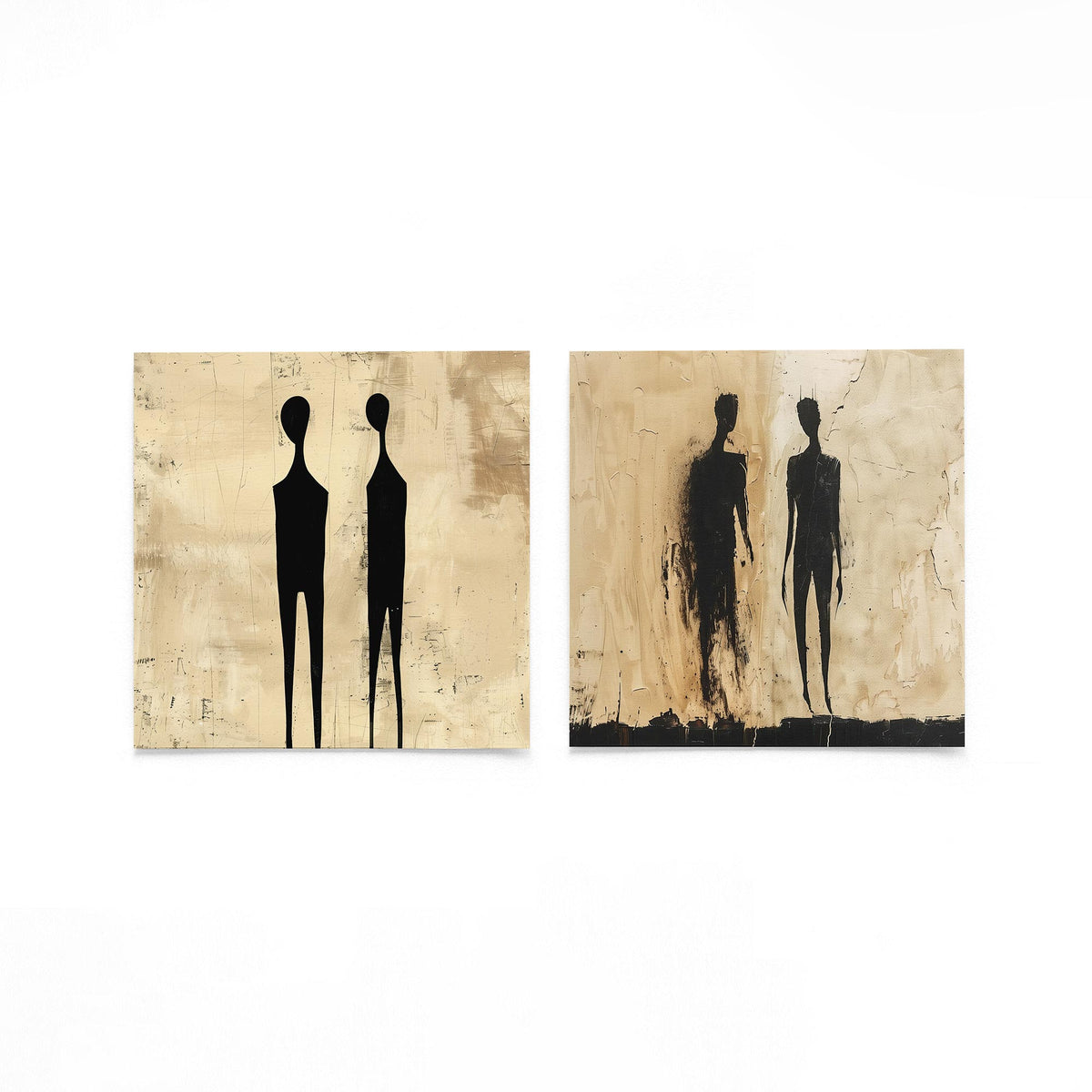 Twee vierkante posters met silhouetten duo op een gebroken witte achtergrond