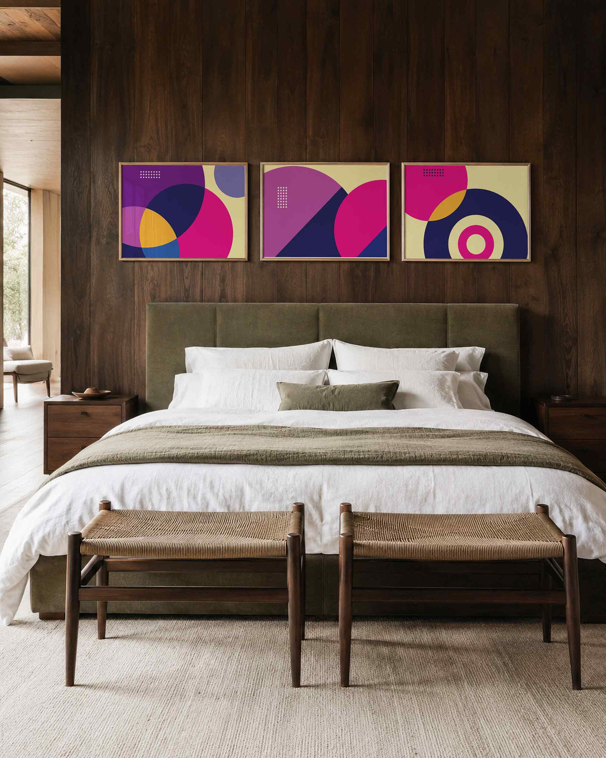 Interieurmockup van drieluik landscape-posterset met cirkels in krachtige kleuren