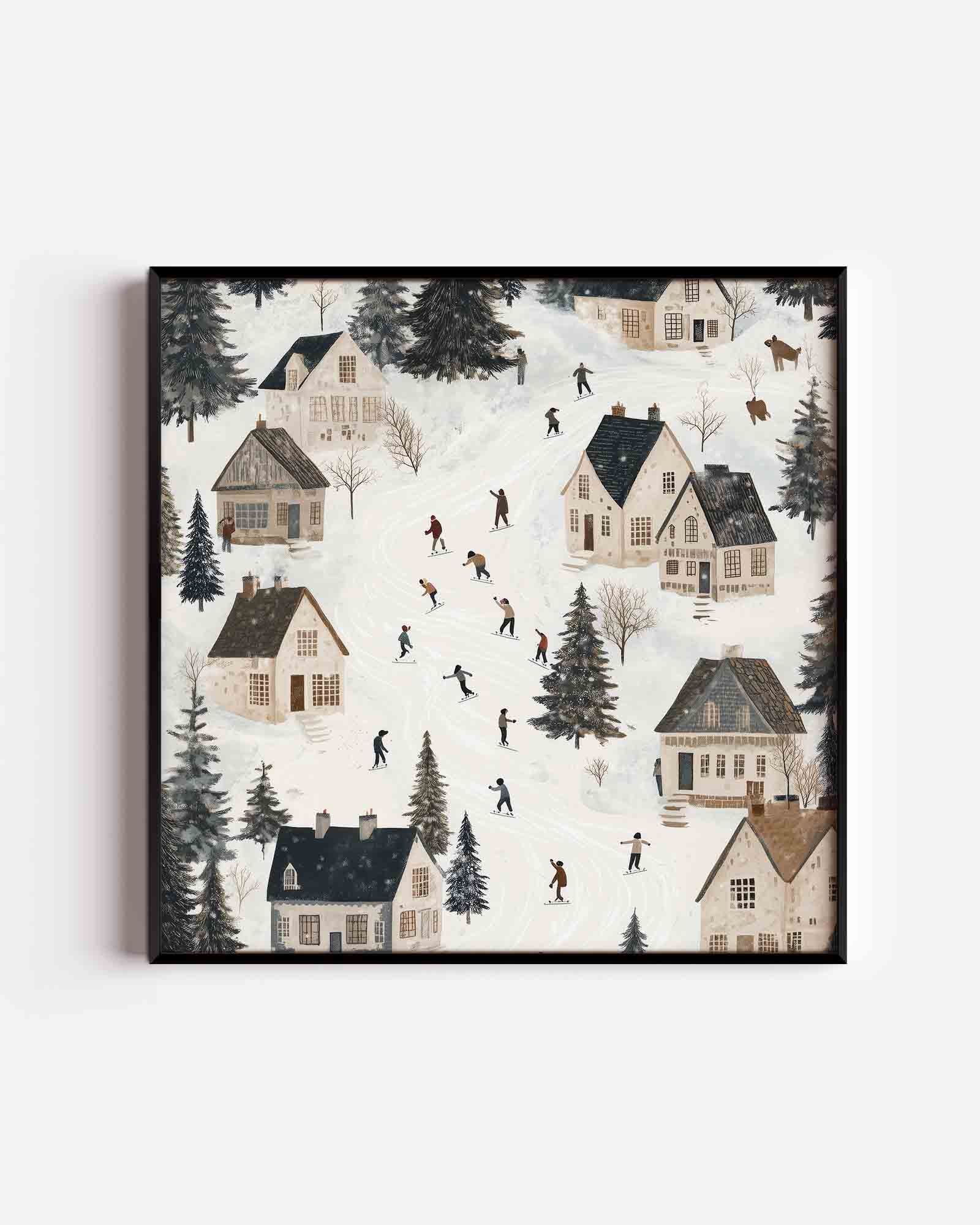 Winterdorp met schaatsers Poster