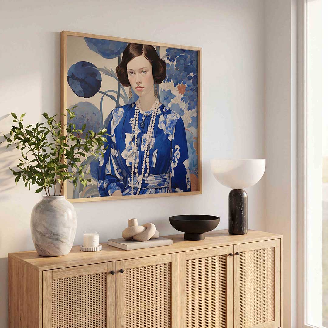 Vrouw met blauwe bloemen Poster