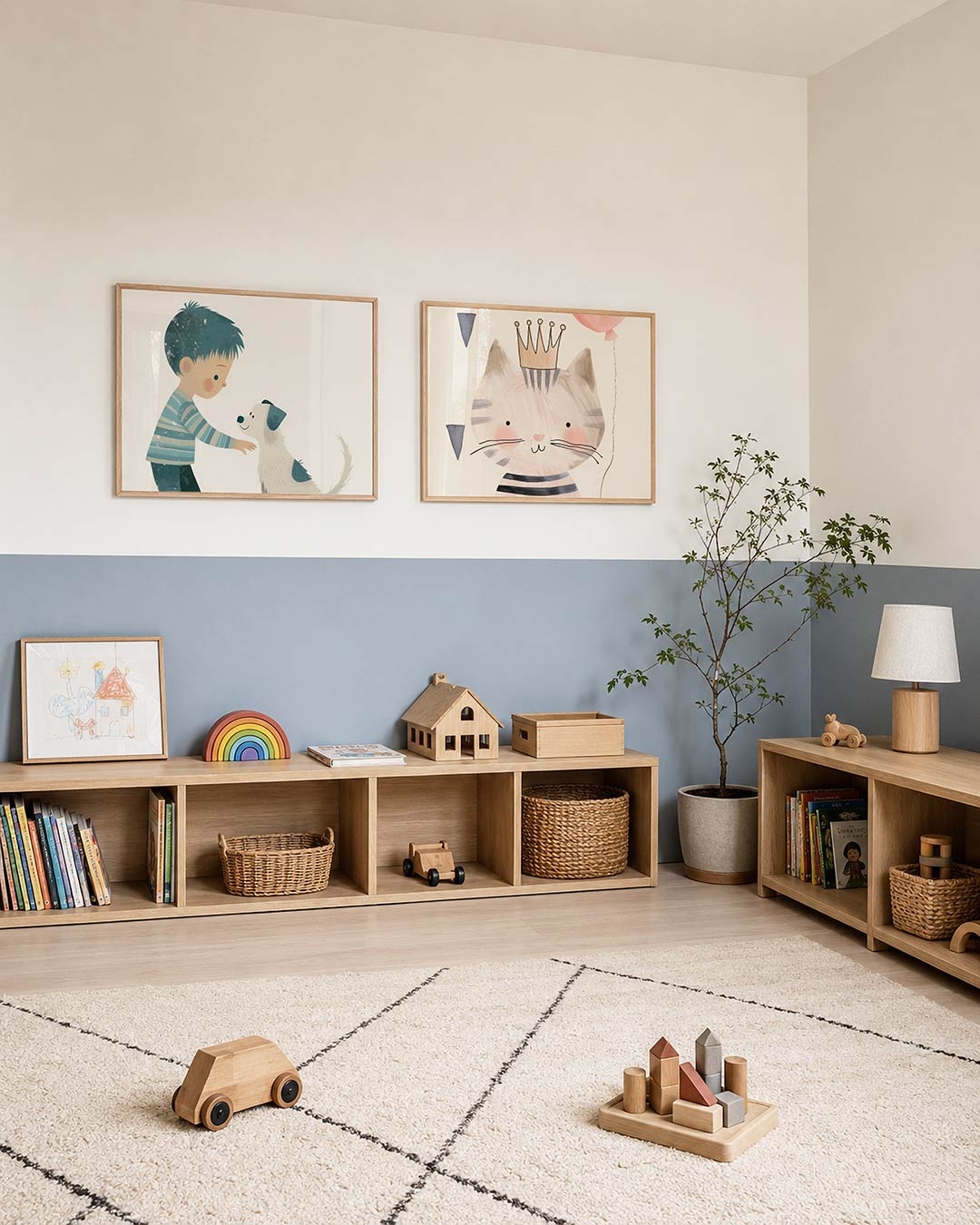 Twee liggende posters met donkere tinten en een rustige visuele opbouw, aan de muur in een interieur