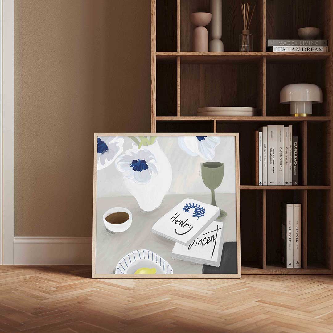 Stilleven met bloemen en boeken Poster