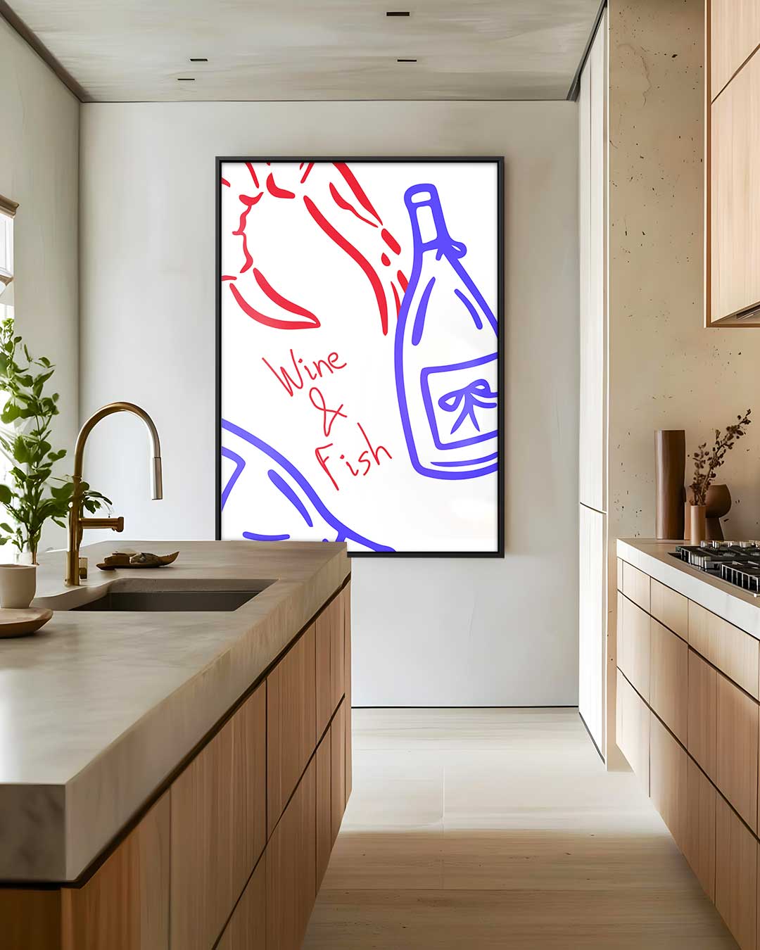Wijn en Vis Illustratie Kunstwerk-canvas-dibond-plexiglas-wanddecoratie-WallArtistic