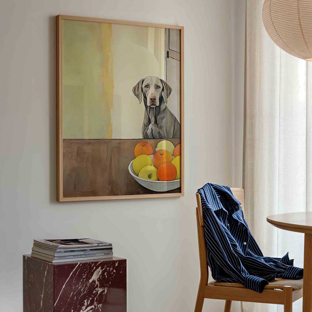 Hond en fruit op tafel Poster
