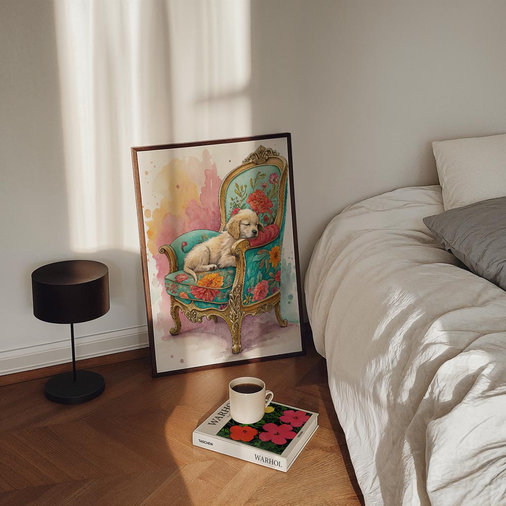 Dromerig Puppy op Bloemenstoel Poster-WallArtistic