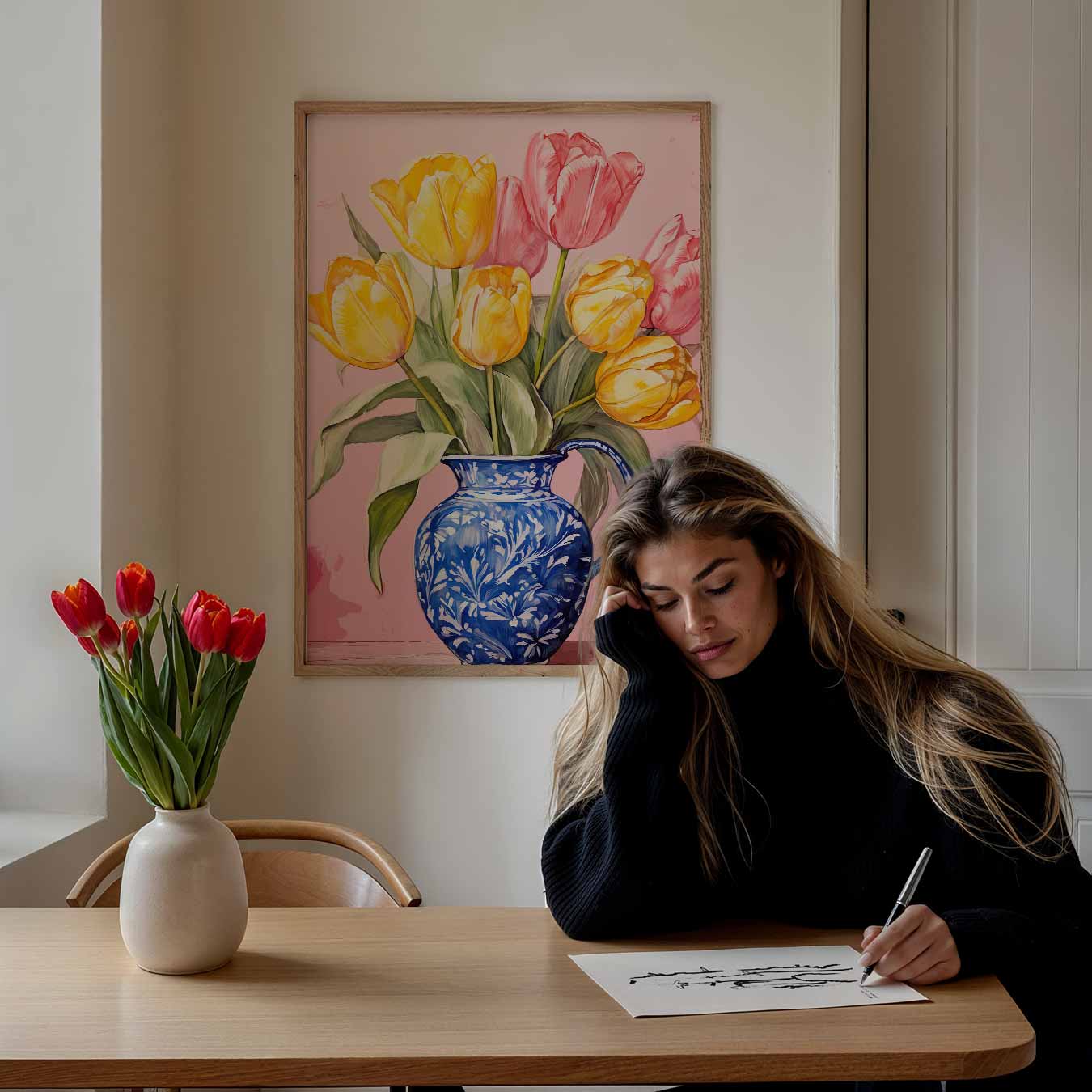 Vrolijke Tulpen in Blauwe Vaas Poster-WallArtistic