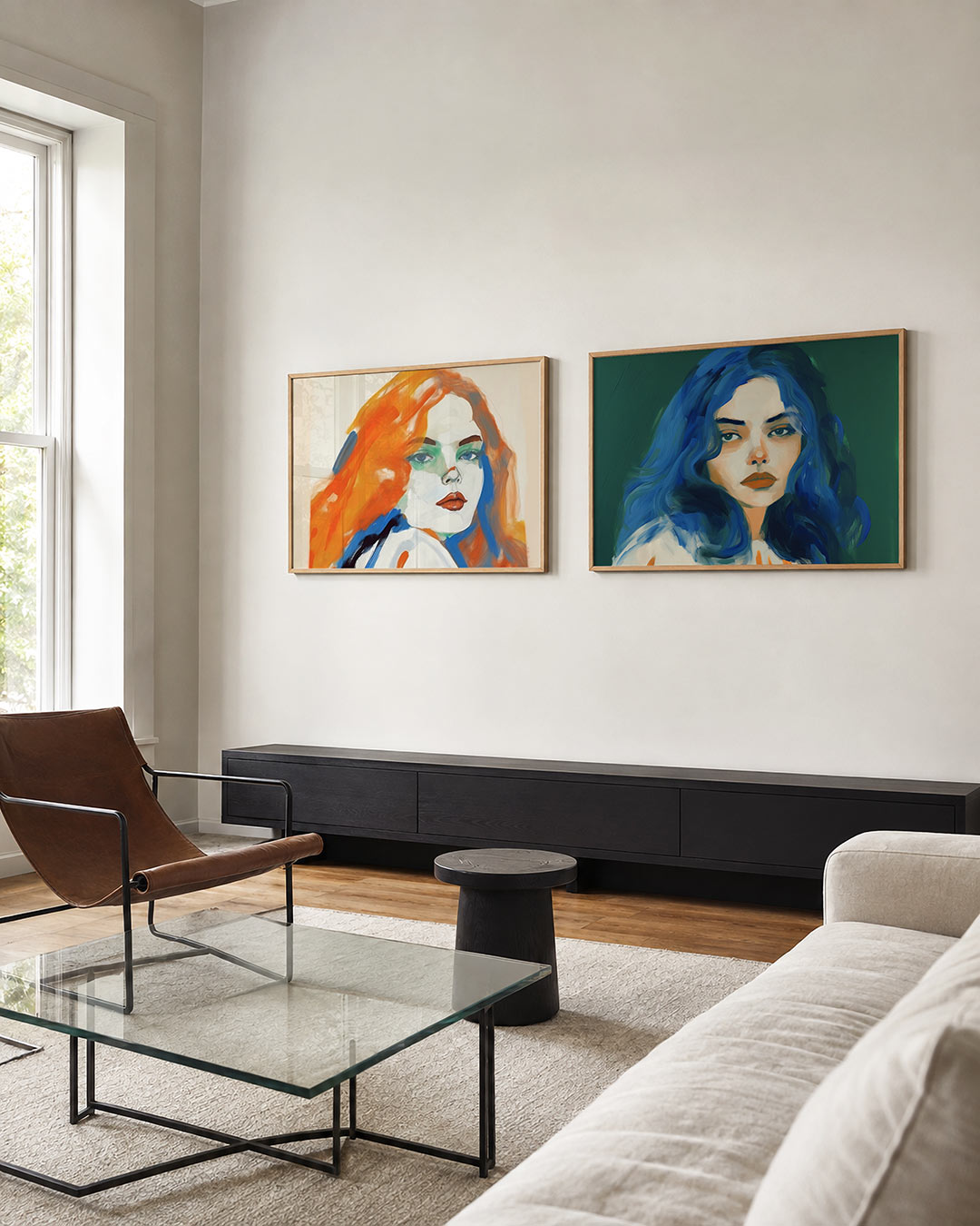 Tweedelige posterset met een gezicht met levendige kleuren, getoond in een interieur