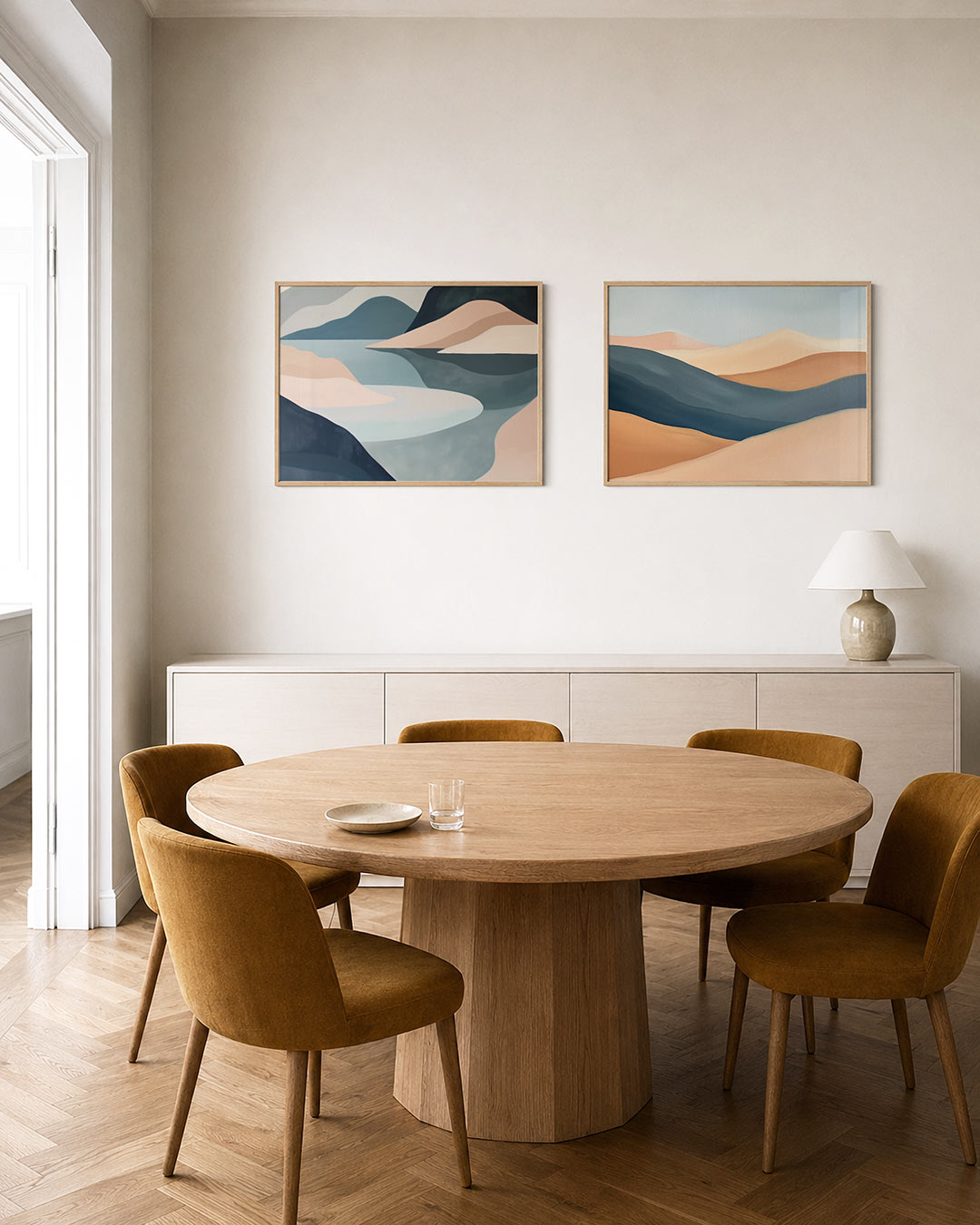Tweedelige posterset met zachte, golvende vormen in pastelkleuren, getoond in een interieur
