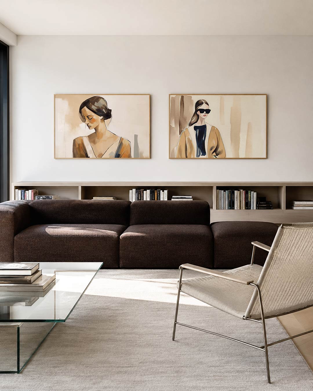 Tweedelige posterset met een vrouw in zijaanzicht, getoond in een interieur