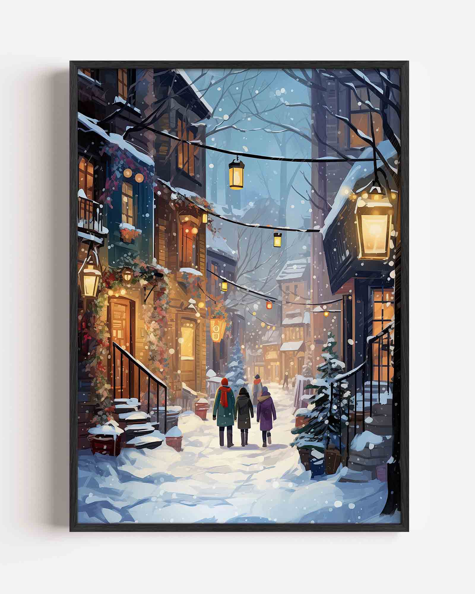 Winterse straat met lantaarns Poster
