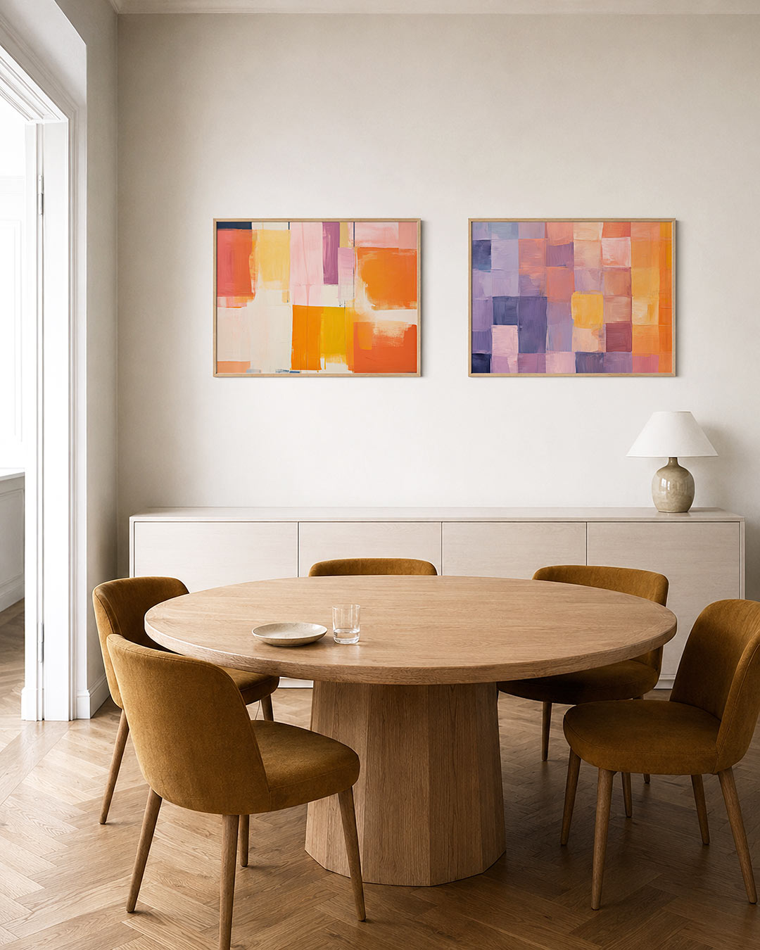 Twee liggende posters met rechthoekige kleurvlakken in oranje, roze en geel, aan de muur in een interieur