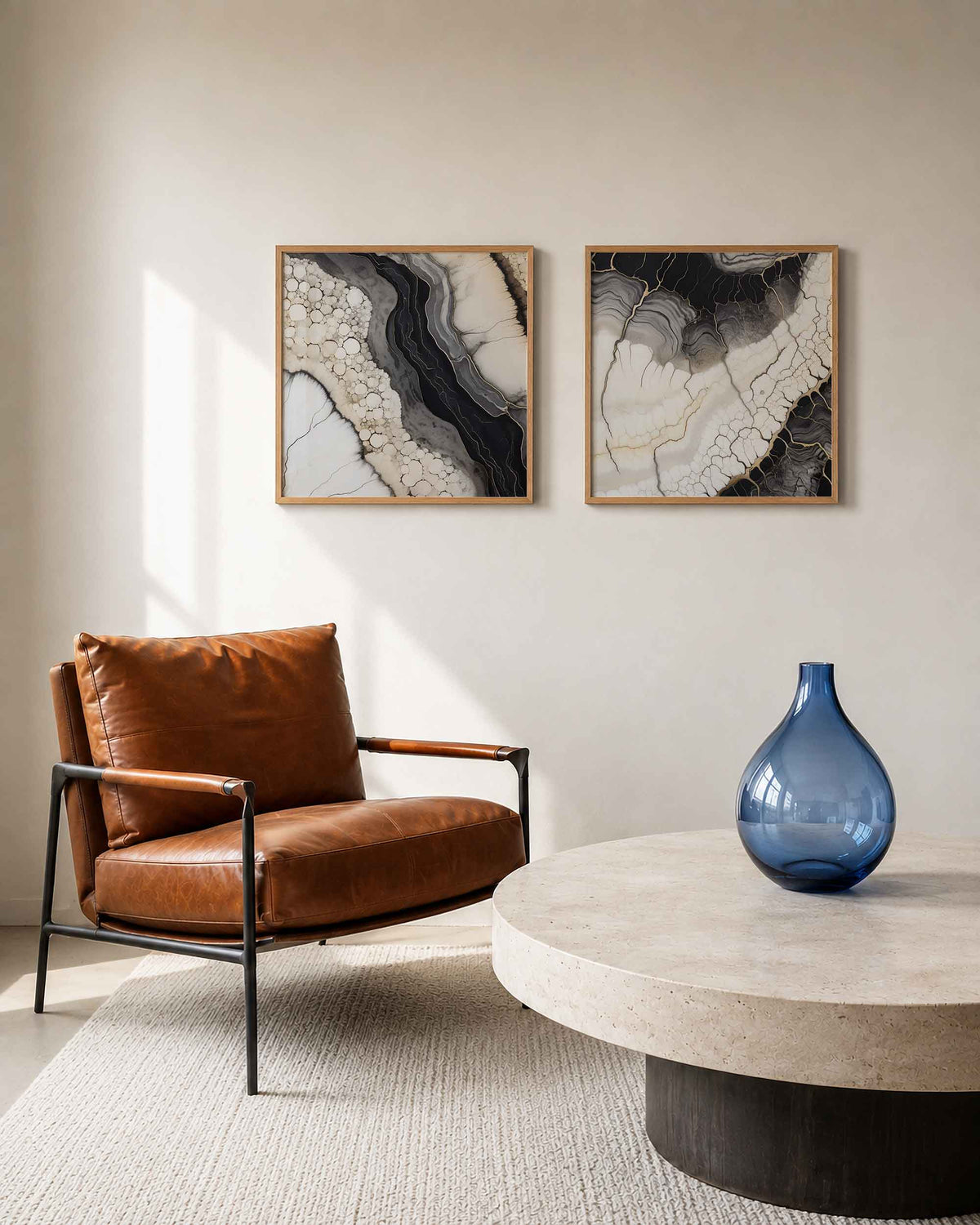 Interieurpresentatie van een tweedelige vierkante posterset met zwart wit marmer