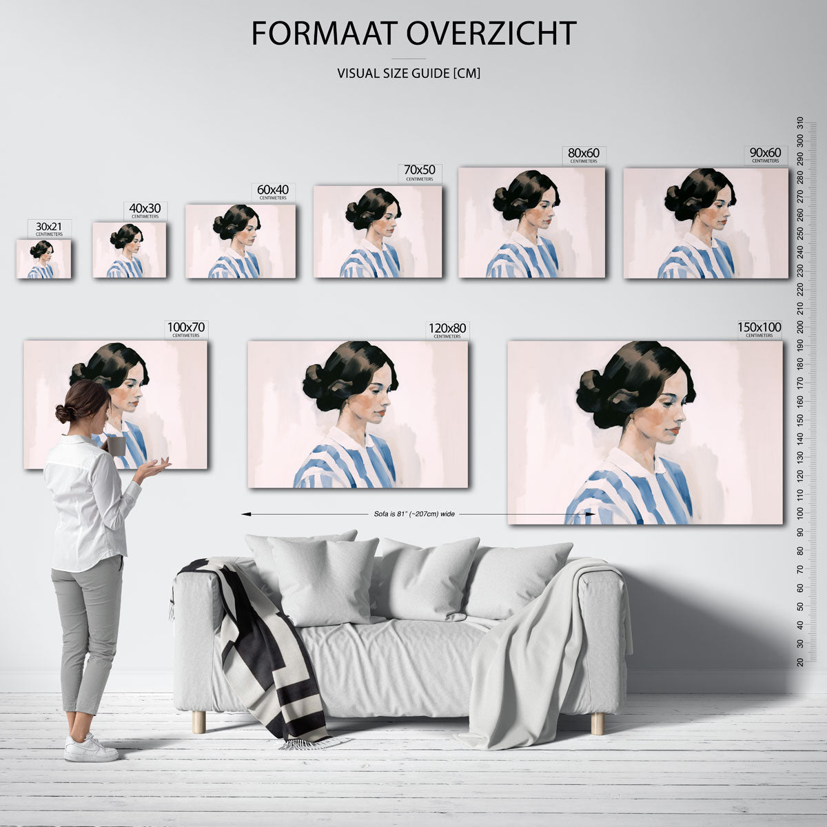 Vrouw in blauw gestreepte blouse Poster